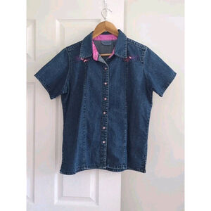 VTG Wrangler Short Sleeve Denim Pearl Snap Shirt Women's M Pink Sequins Western